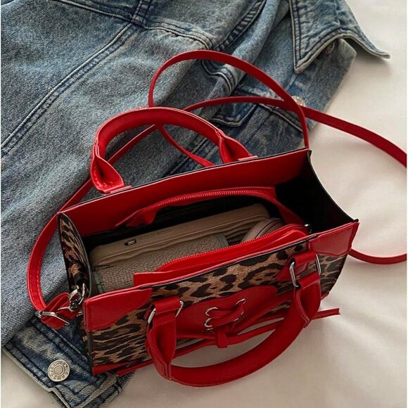 Women's Leopard Print Top Handle Satchel Clutch Purse Bowknot Cheetah Square Han - Picture 6 of 6